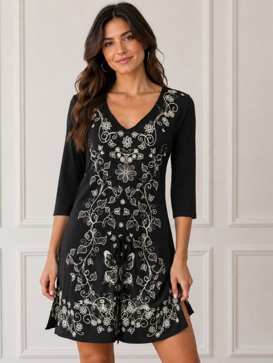 Johnny Was Dresses & Skirts - Johnny Was Floral & Butterfly Embroidered Tunic Dress in gray and white